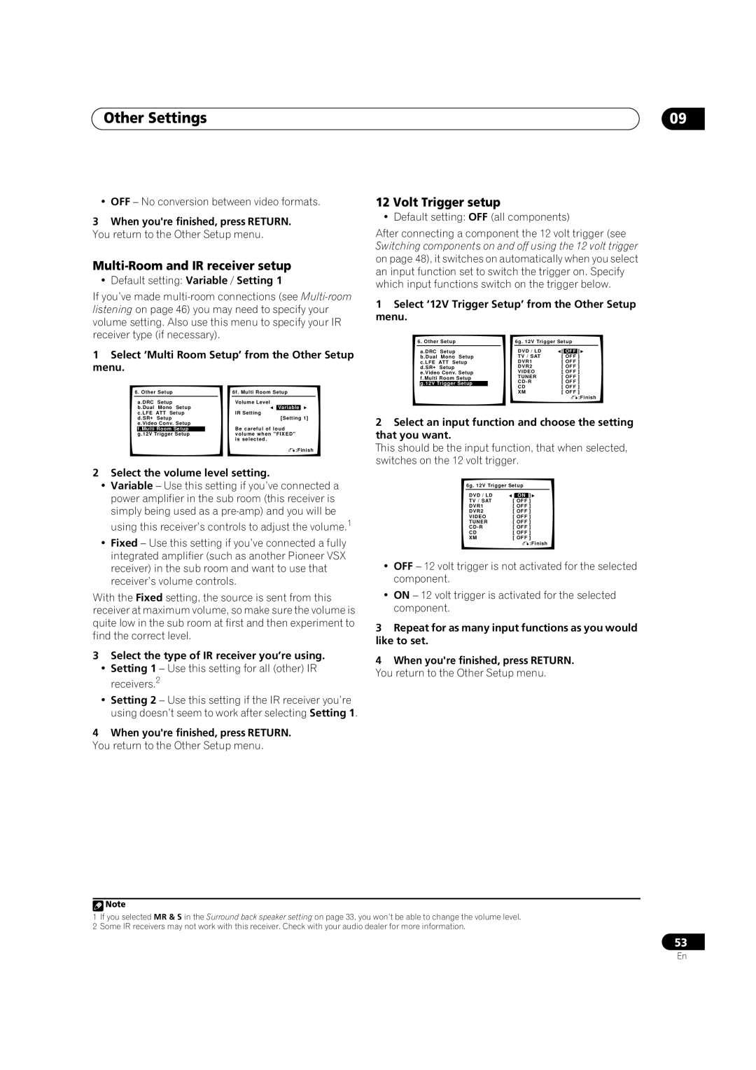 Classe Audio VSX-80TXV-S manual Multi-Room and IR receiver setup, Volt Trigger setup 