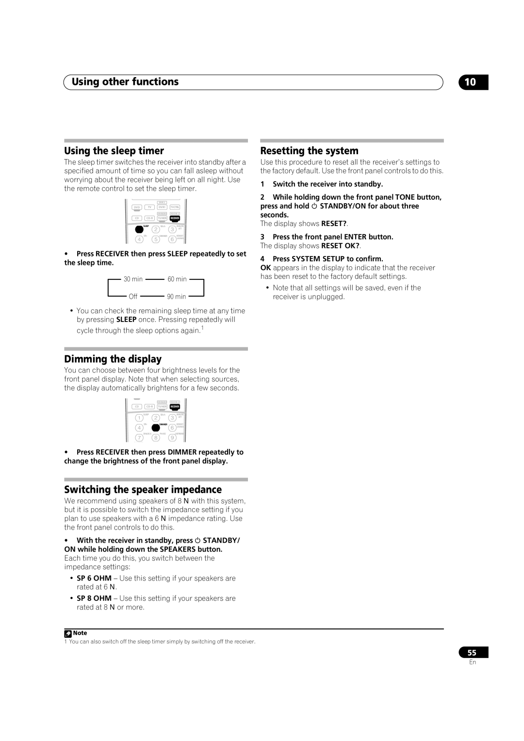 Classe Audio VSX-80TXV-S manual Using other functions Using the sleep timer, Resetting the system, Dimming the display 