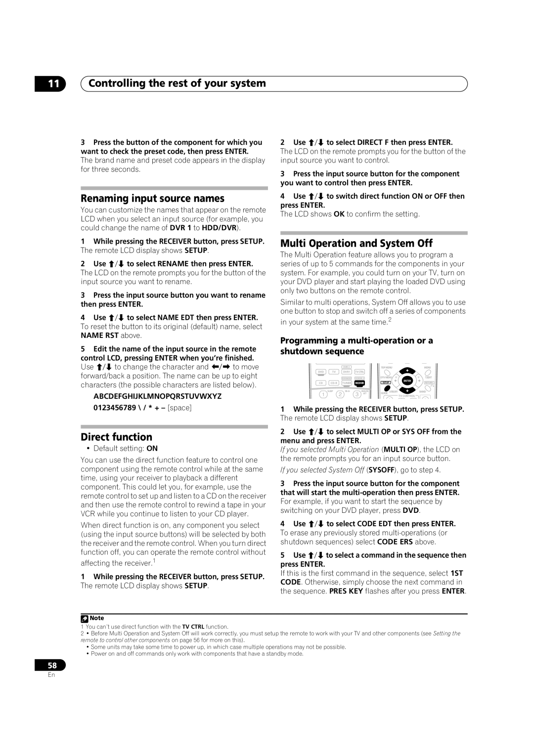 Classe Audio VSX-80TXV-S manual Renaming input source names, Direct function Multi Operation and System Off 