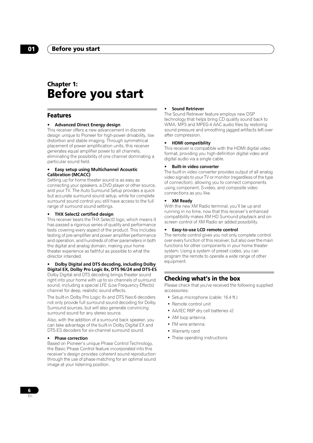 Classe Audio VSX-80TXV-S manual Before you start Chapter, Features, Checking what’s in the box 