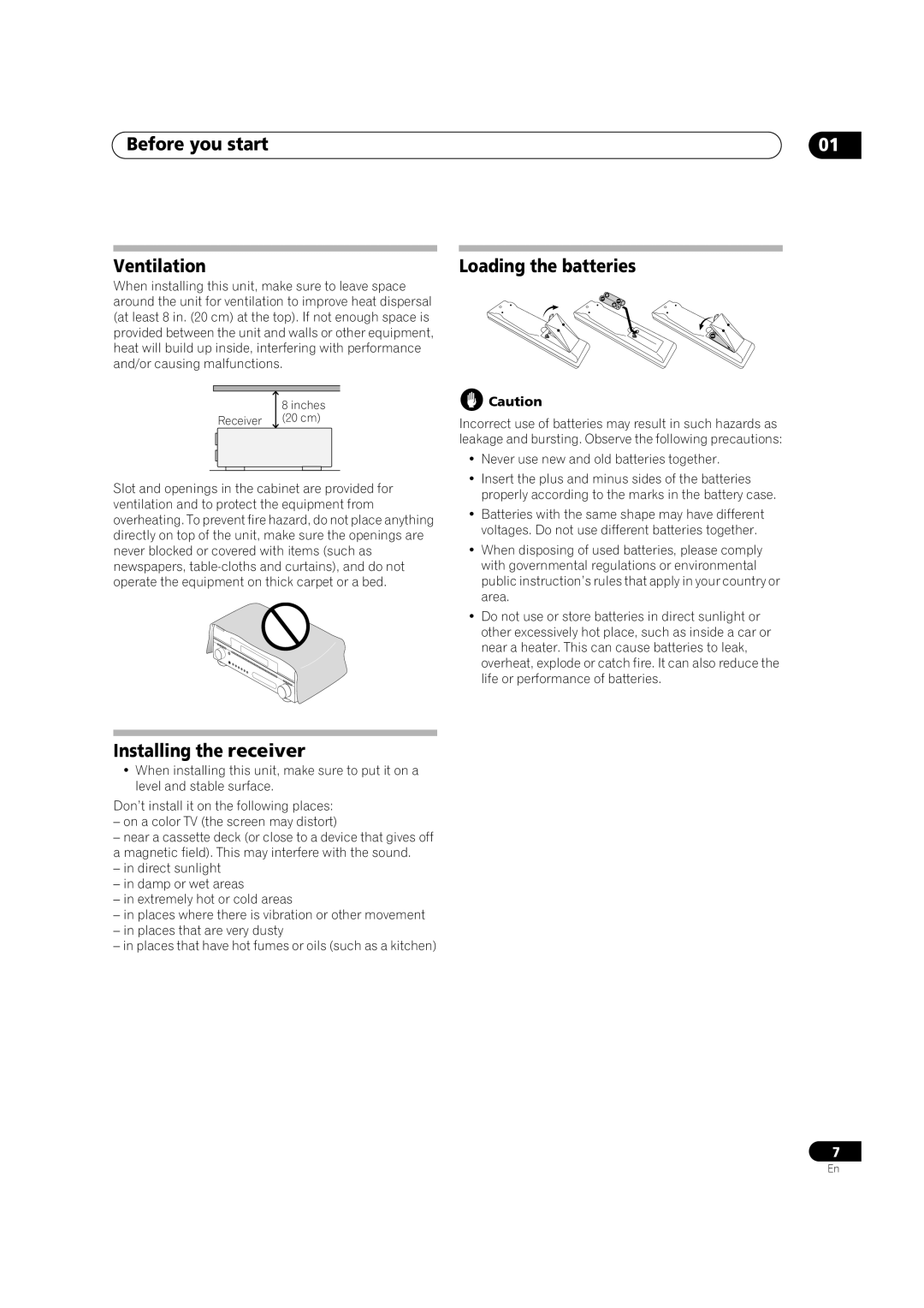 Classe Audio VSX-80TXV-S manual Before you start Ventilation, Installing the receiver, Loading the batteries 