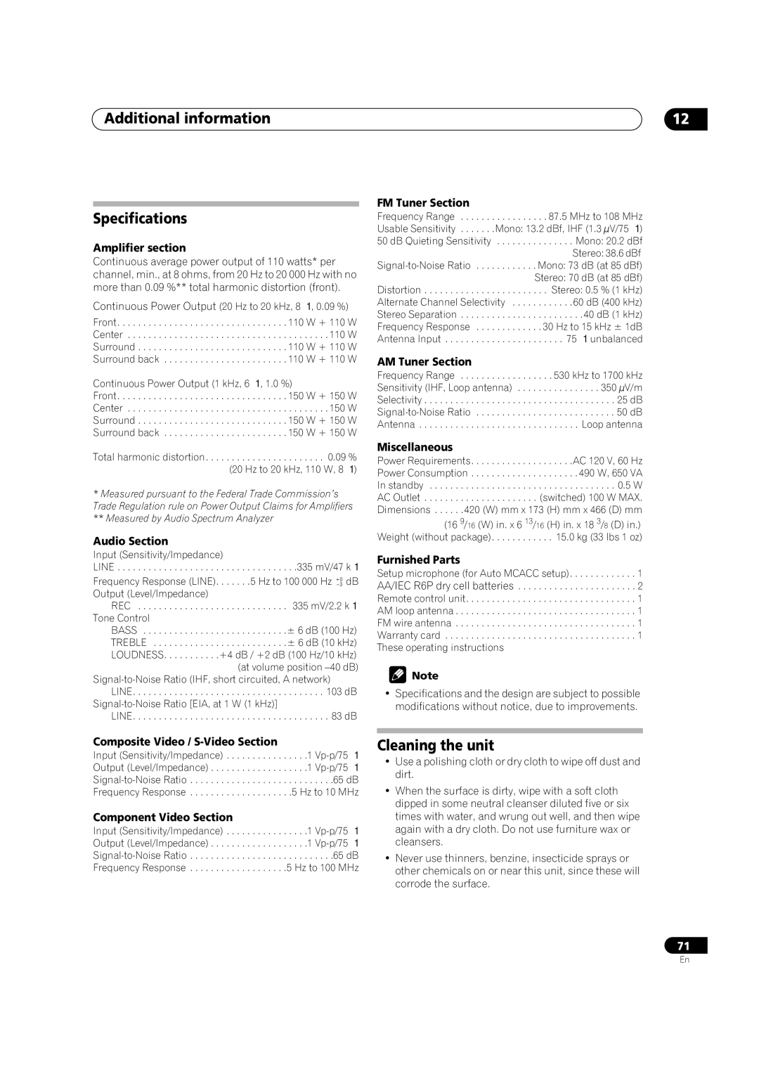 Classe Audio VSX-80TXV-S manual Additional information Specifications, Cleaning the unit 