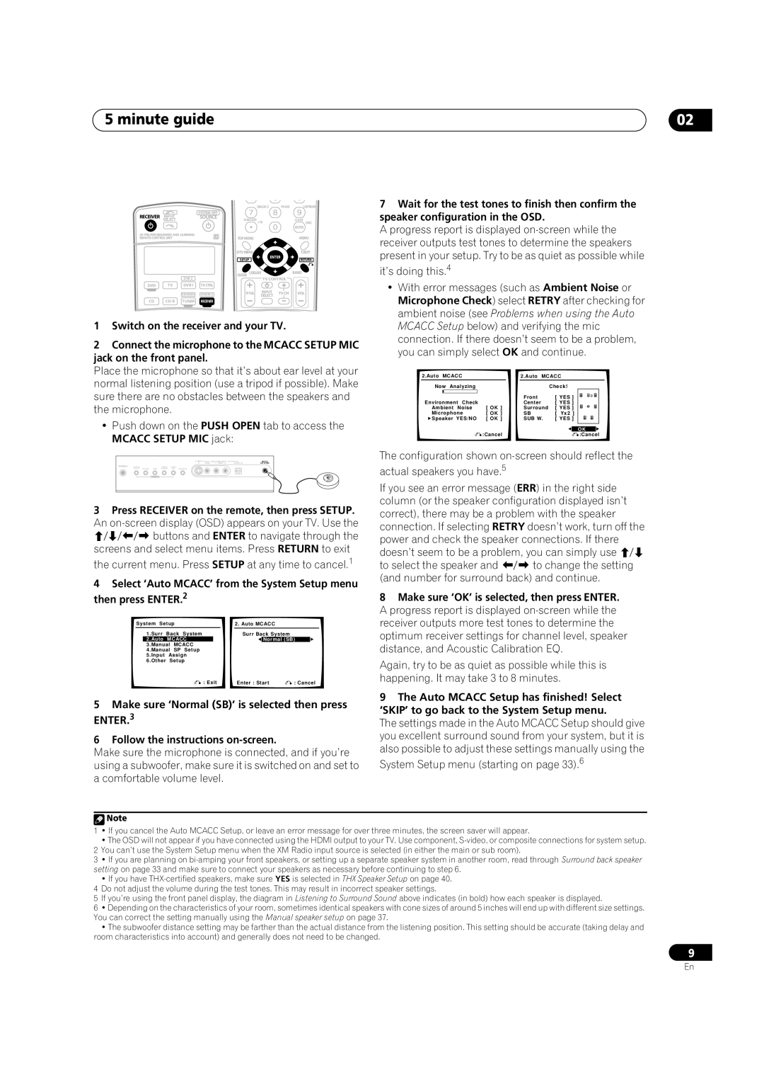 Classe Audio VSX-80TXV-S Minute guide, Wait for the test tones to finish then confirm, Speaker configuration in the OSD 