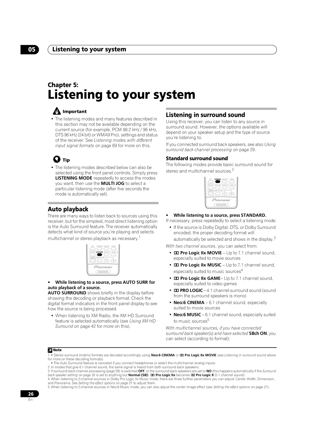 Classe Audio VSX-80TXV-S manual 05Listening to your system Chapter, Auto playback, Listening in surround sound 