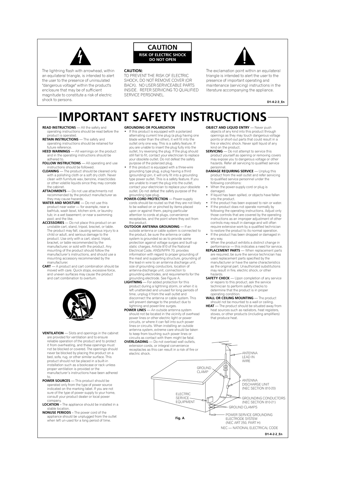 Classe Audio VSX-80TXV-S manual Important Safety Instructions, Risk Of Electric Shock Do Not Open 