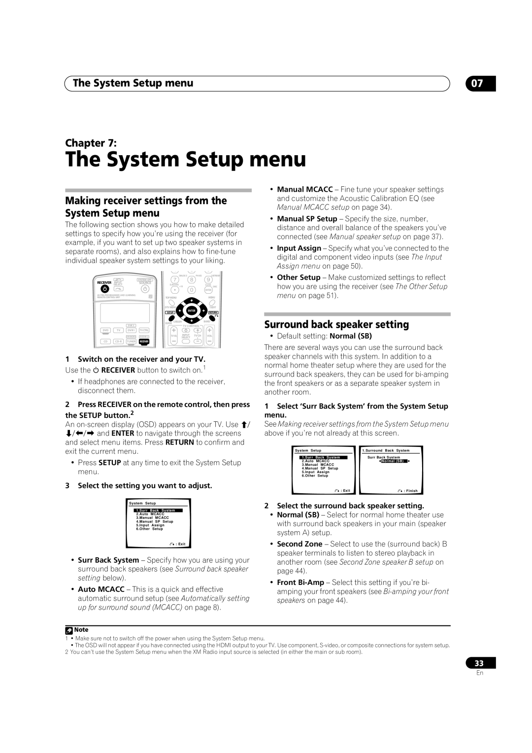 Classe Audio VSX-80TXV-S manual The System Setup menu, Surround back speaker setting, Chapter, Manual MCACC setup on page 