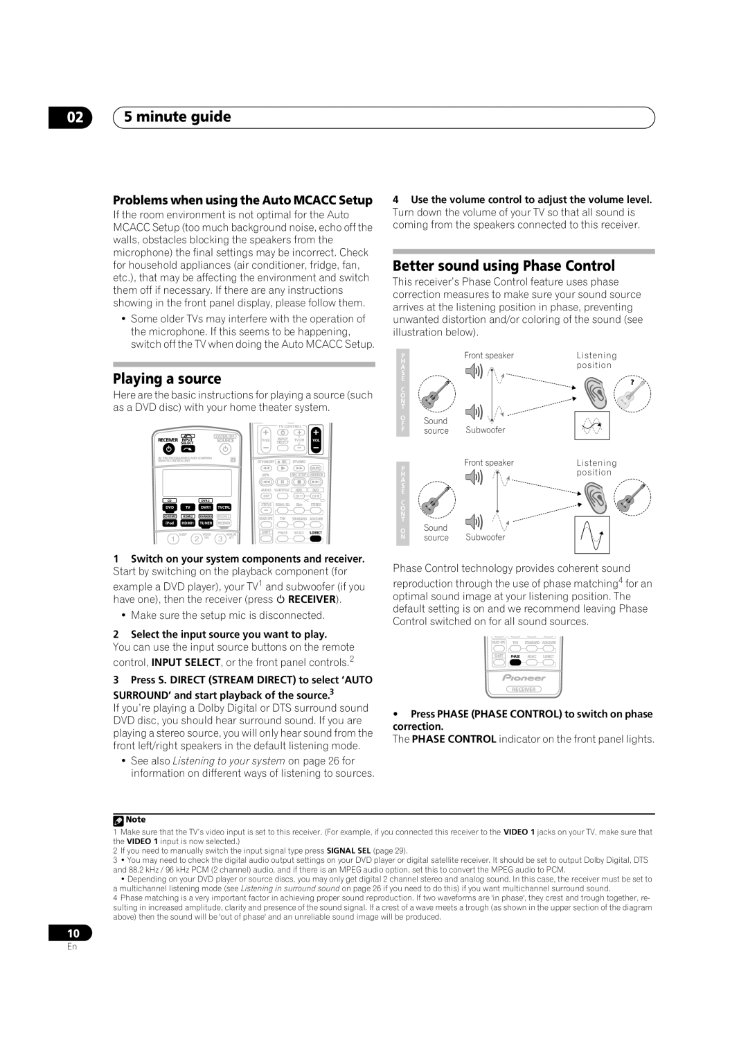 Classe Audio VSX-81TXV-S manual 02 5 minute guide, Playing a source, Better sound using Phase Control 