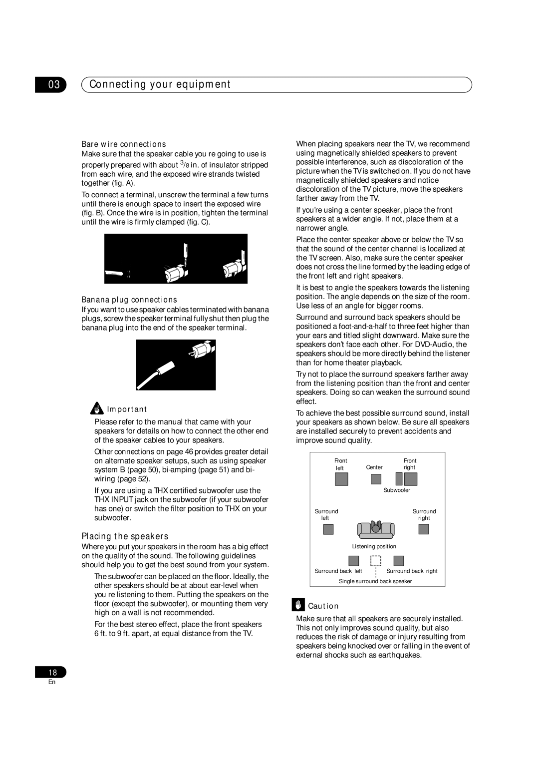 Classe Audio VSX-81TXV-S manual Placing the speakers, Bare wire connections, Banana plug connections 