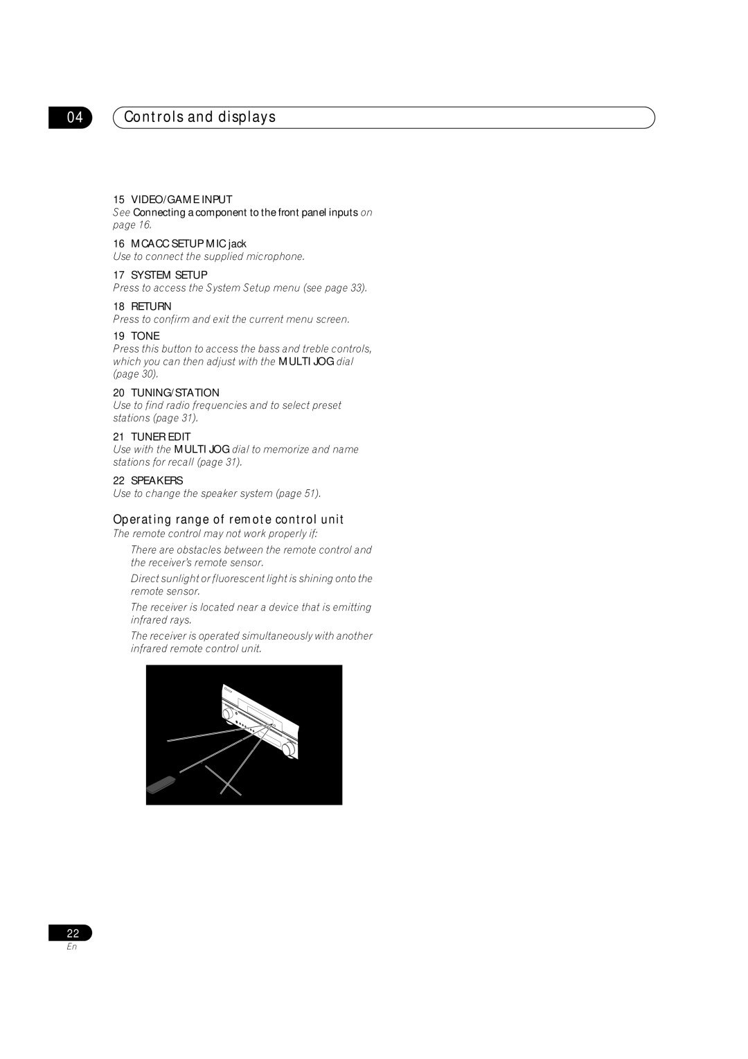 Classe Audio VSX-81TXV-S manual Controls and displays, Operating range of remote control unit 