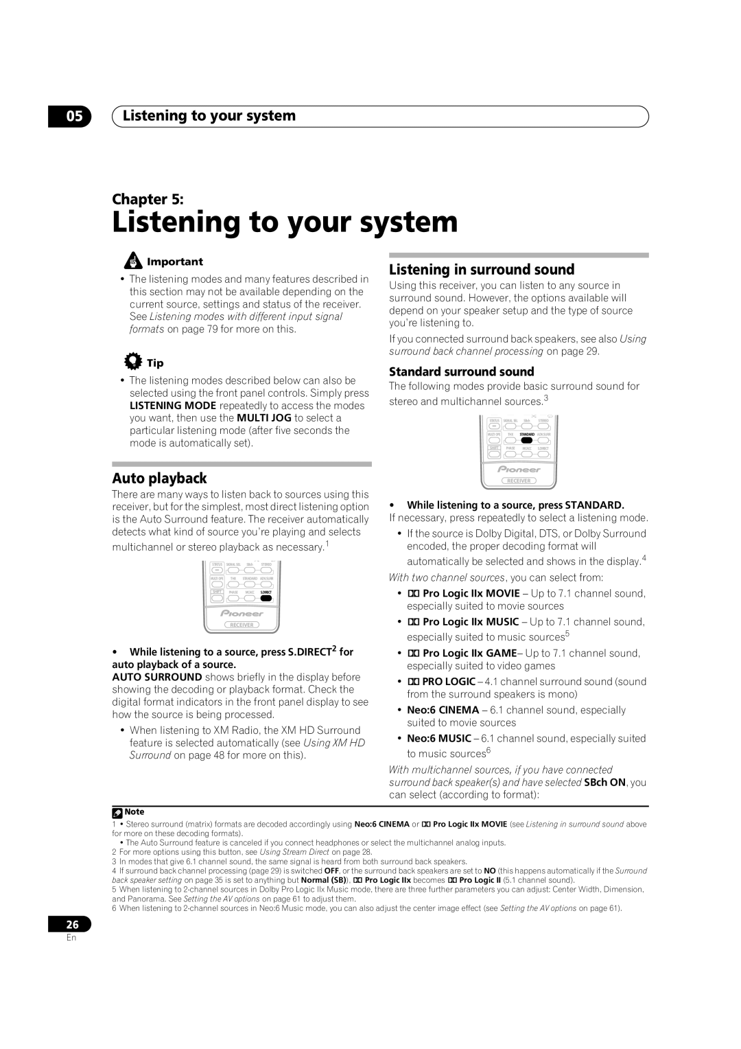 Classe Audio VSX-81TXV-S manual Listening to your system Chapter, Auto playback Listening in surround sound 