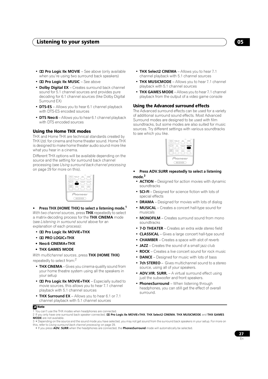 Classe Audio VSX-81TXV-S manual Listening to your system, Using the Home THX modes, Using the Advanced surround effects 