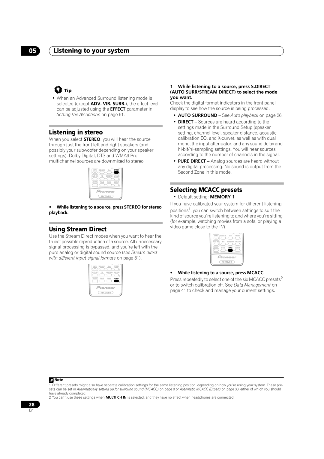 Classe Audio VSX-81TXV-S manual Listening in stereo, Using Stream Direct, Selecting Mcacc presets 