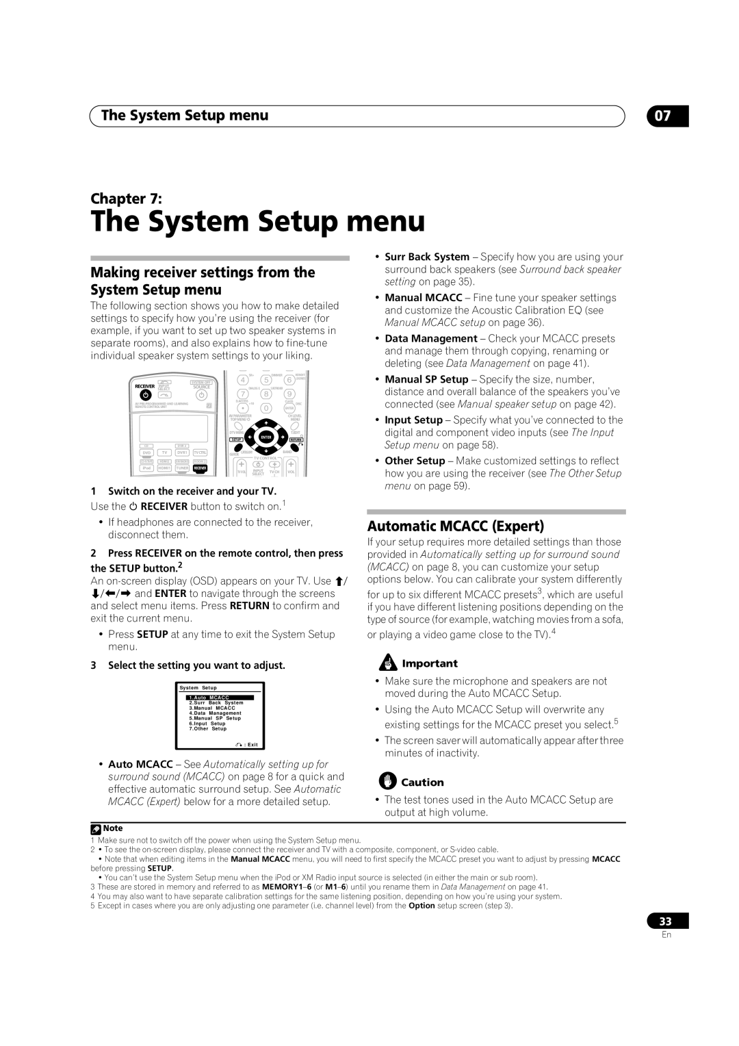 Classe Audio VSX-81TXV-S manual System Setup menu Chapter, Making receiver settings from the System Setup menu 