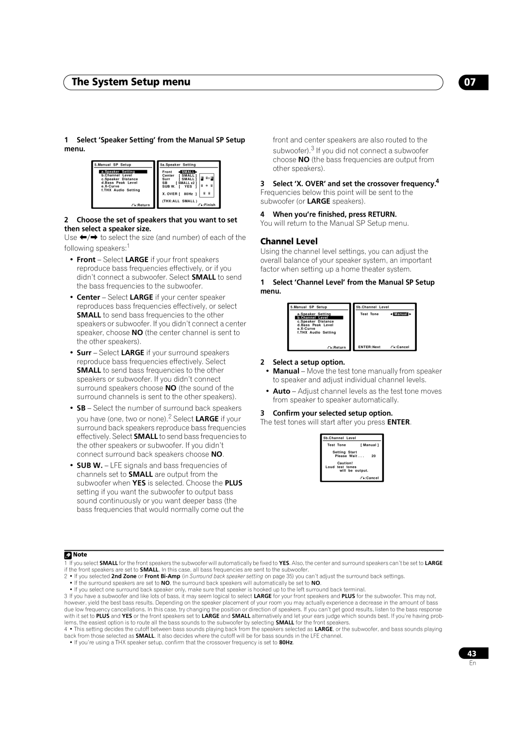 Classe Audio VSX-81TXV-S Channel Level, Select ‘Speaker Setting’ from the Manual SP Setup menu, Select a setup option 