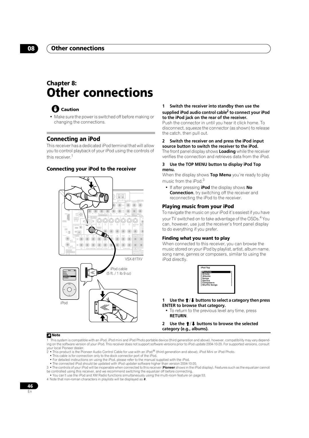 Classe Audio VSX-81TXV manual Other connections Chapter, Connecting an iPod, Connecting your iPod to the receiver 