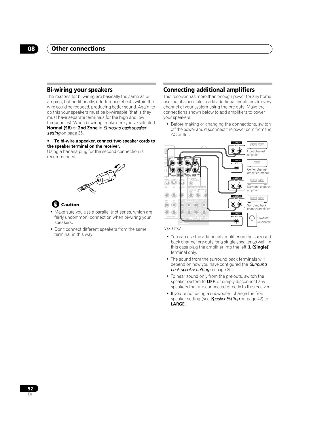 Classe Audio VSX-81TXV-S manual Other connections Bi-wiring your speakers, Connecting additional amplifiers, Large 