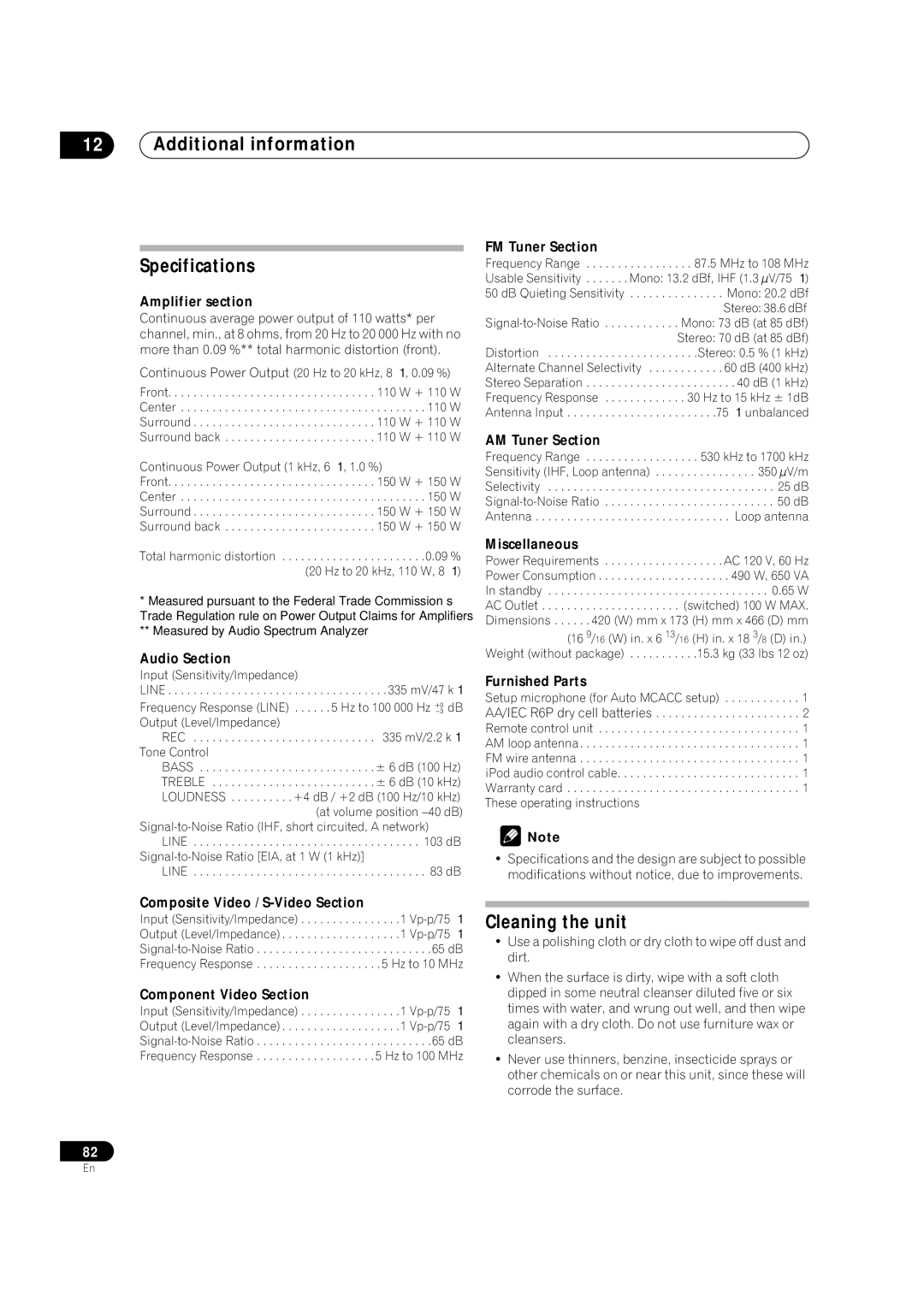 Classe Audio VSX-81TXV-S manual Additional information Specifications, Cleaning the unit 