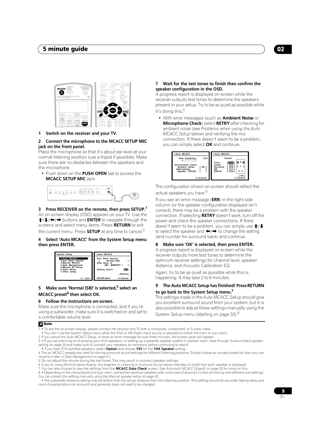 Classe Audio VSX-81TXV-S Minute guide, Wait for the test tones to finish then confirm, Speaker configuration in the OSD 