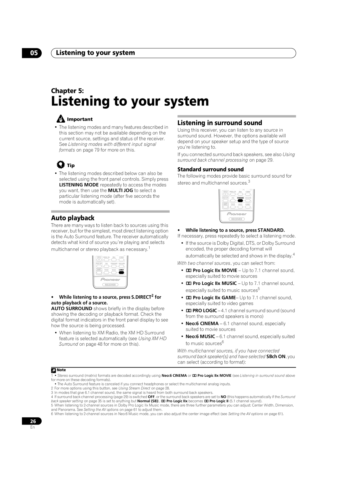 Classe Audio VSX-81TXV-S manual 05Listening to your system Chapter, Auto playback, Listening in surround sound 