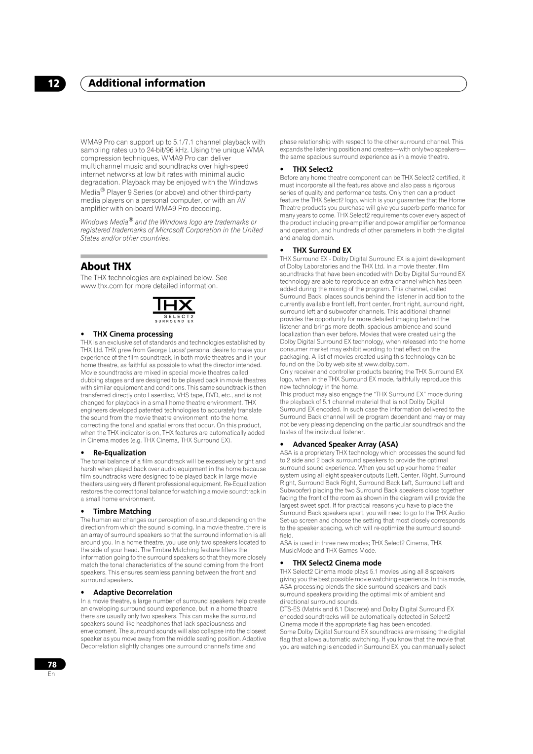 Classe Audio VSX-81TXV manual About THX, 12Additional information, THX Cinema processing, Re-Equalization, Timbre Matching 