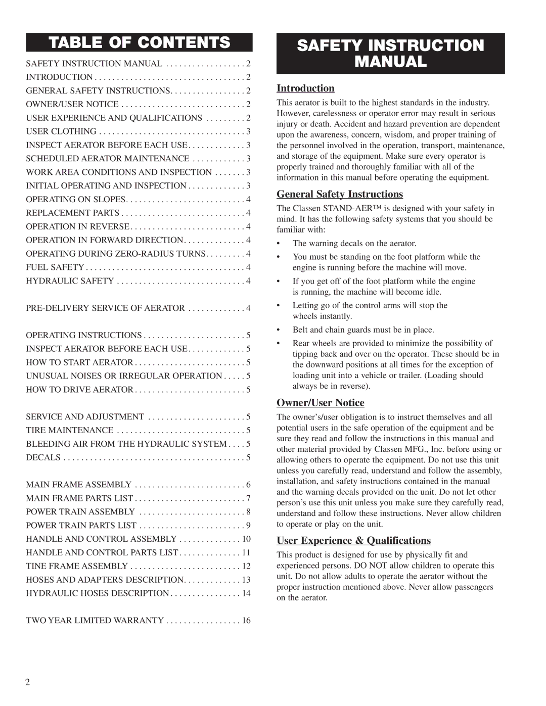 Classen SA-25 manual Table of Contents 