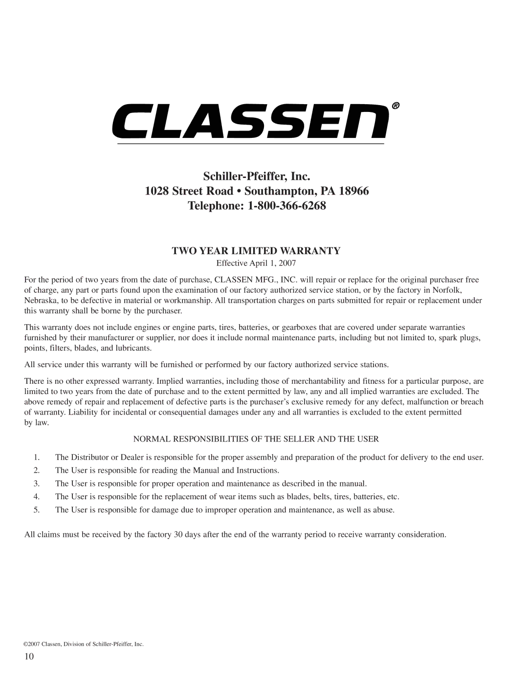 Classen SC-18/8.0, SC-20/5.5, SC-12/5.5 manual TWO Year Limited Warranty, Normal Responsibilities of the Seller and the User 