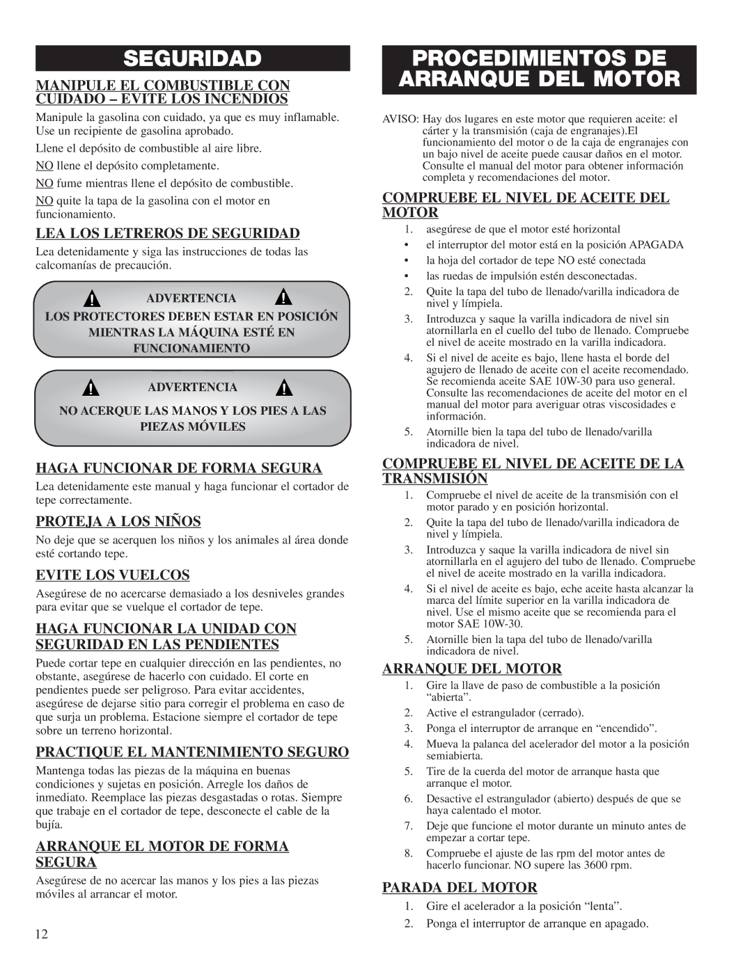 Classen SC-20/5.5, SC-12/5.5, SC-16/5.5, SC-12/8.0, SC-20/8.0, SC-18/8.0 manual Seguridad, Procedimientos DE Arranque DEL Motor 