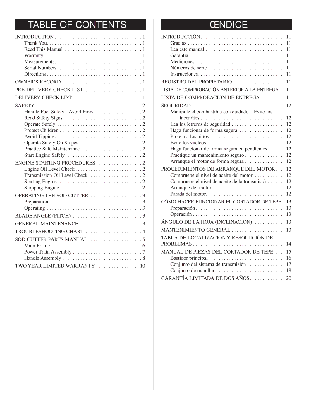 Classen SC-16/5.5, SC-20/5.5, SC-12/5.5, SC-12/8.0, SC-20/8.0, SC-18/8.0, SC-18/5.5 manual Table of Contents, Índice 