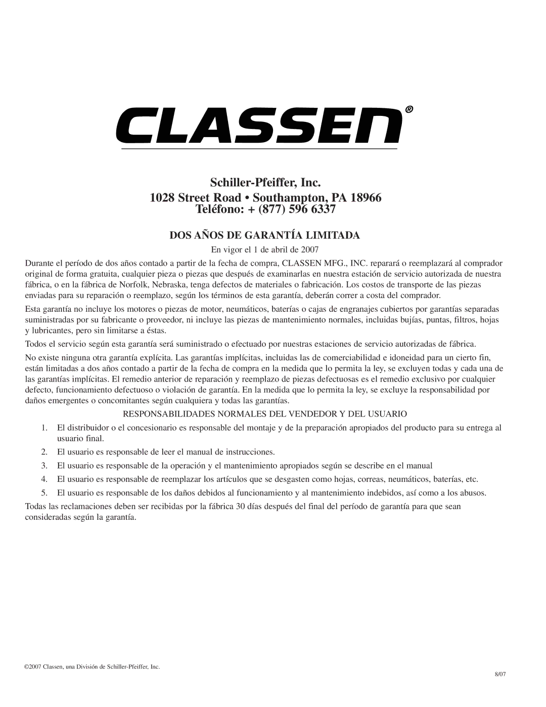 Classen SC-12/5.5, SC-20/5.5 manual DOS Años DE Garantía Limitada, Responsabilidades Normales DEL Vendedor Y DEL Usuario 