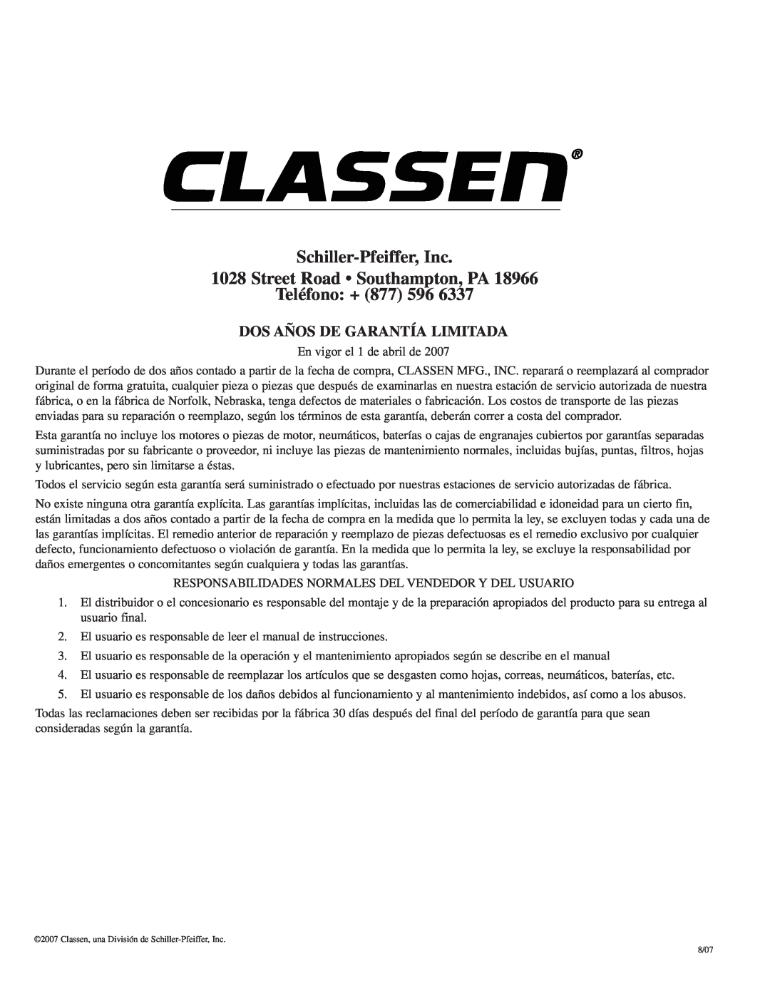 Classen SC-12/5.5 manual Schiller-Pfeiffer, Inc 1028 Street Road Southampton, PA, Teléfono +, Dos Años De Garantía Limitada 