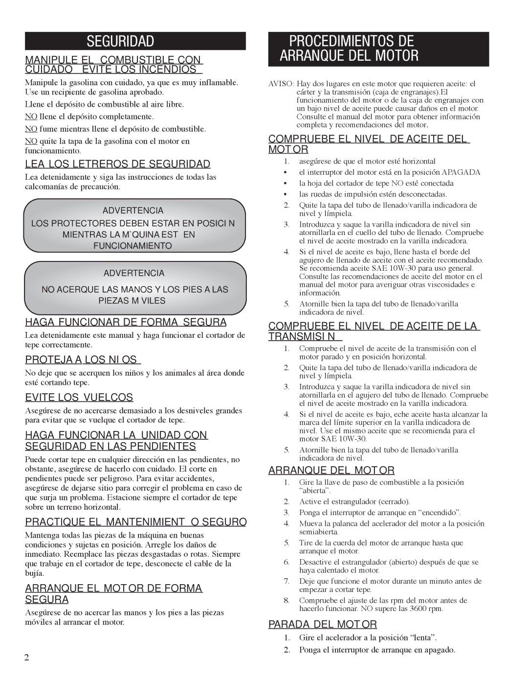 Classen SC-20, SC-24, SC-16, SC-12, SC-18 manual Seguridad, Procedimientos DE Arranque DEL Motor 