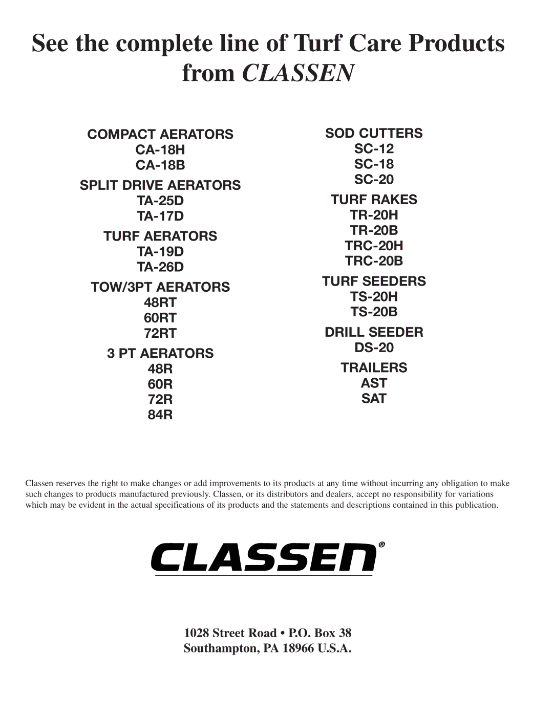 Classen 72-RT, TA-26D, TA-25D, 60-RT, TA-19D, TA-17D, CA-18, 48-RT manual From Classen 