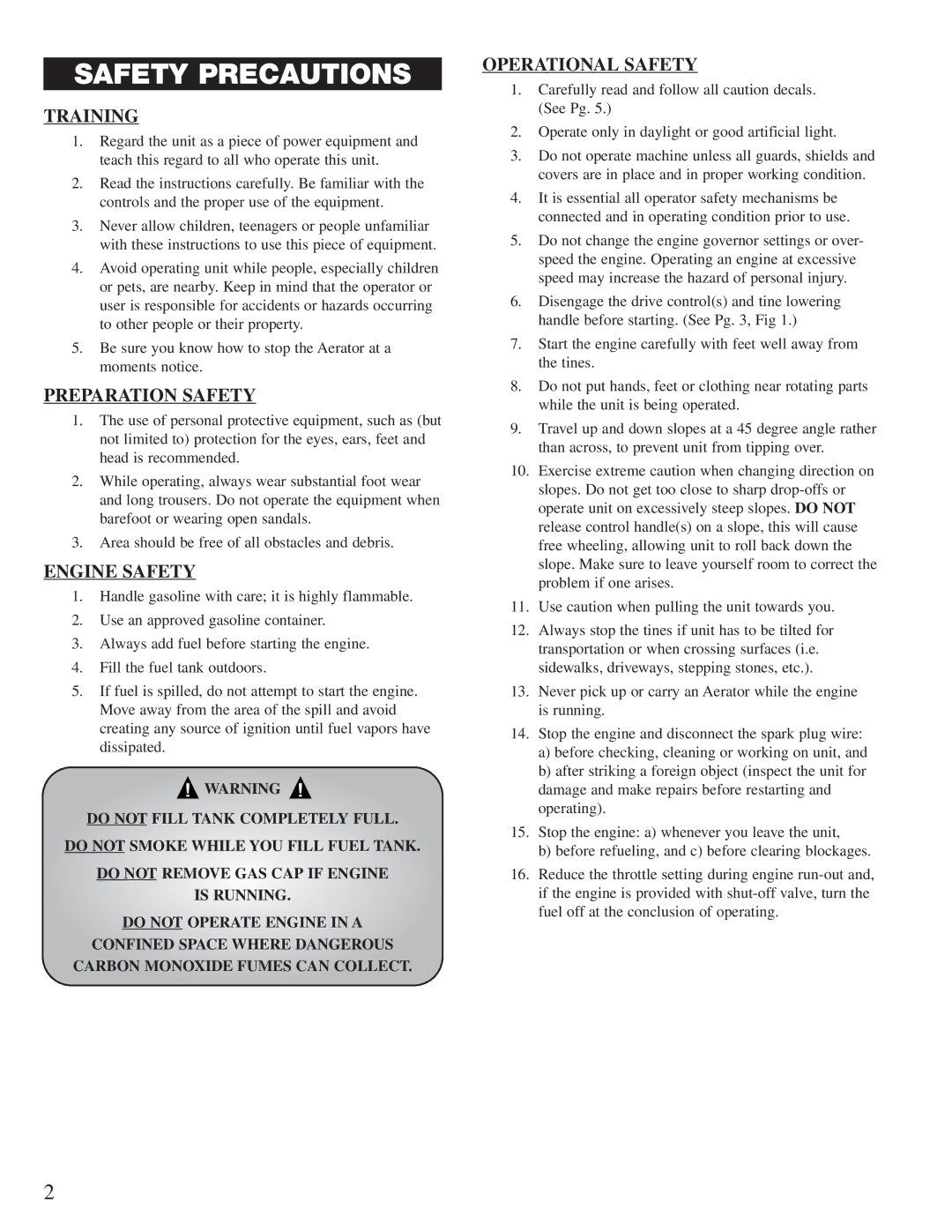 Classen TA-17D, TA-26D, TA-25D, 60-RT Safety Precautions, Training, Preparation Safety, Engine Safety, Operational Safety 