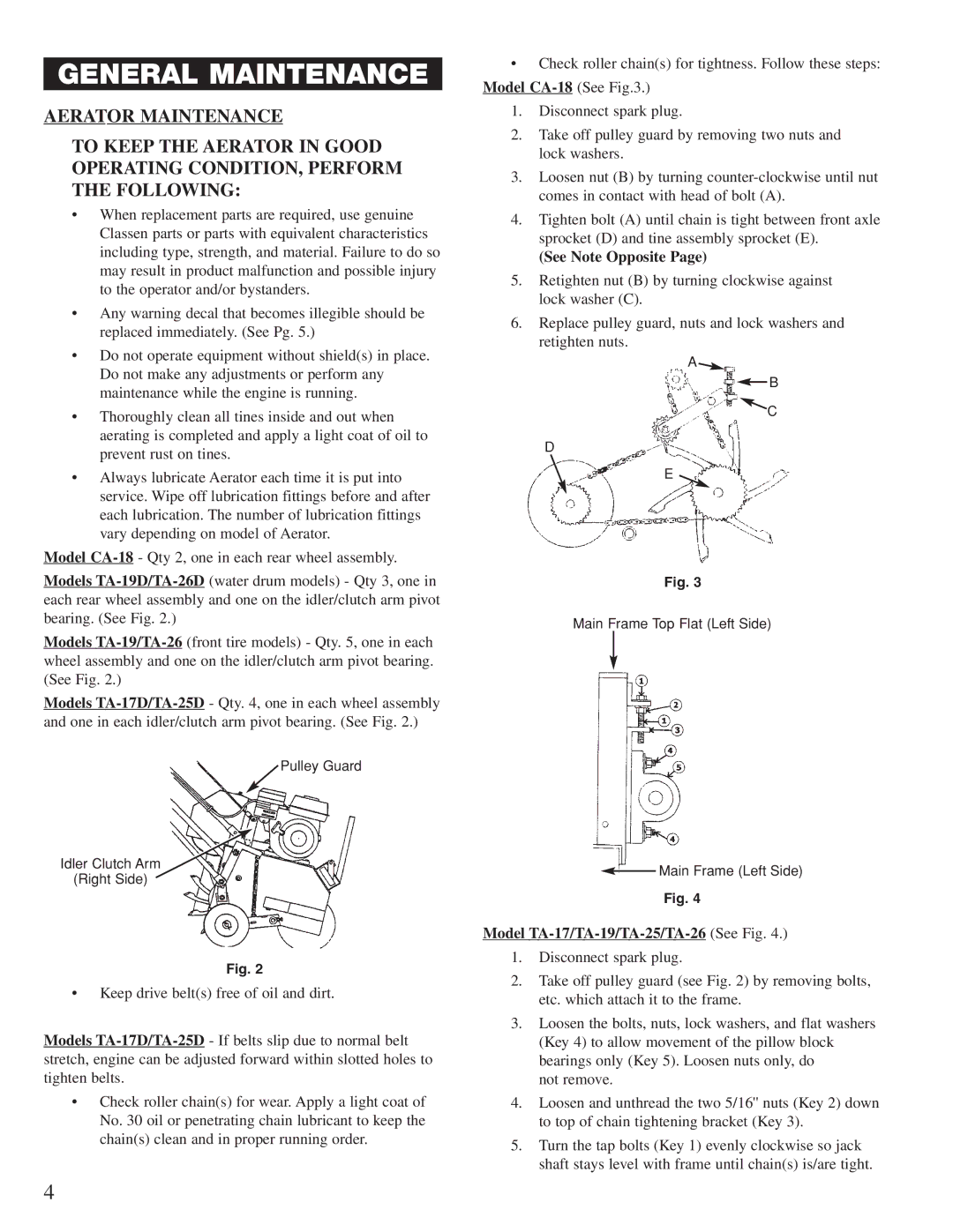 Classen 72-RT, TA-26D, TA-25D, 60-RT, TA-19D, TA-17D, CA-18, 48-RT manual General Maintenance, See Note Opposite 