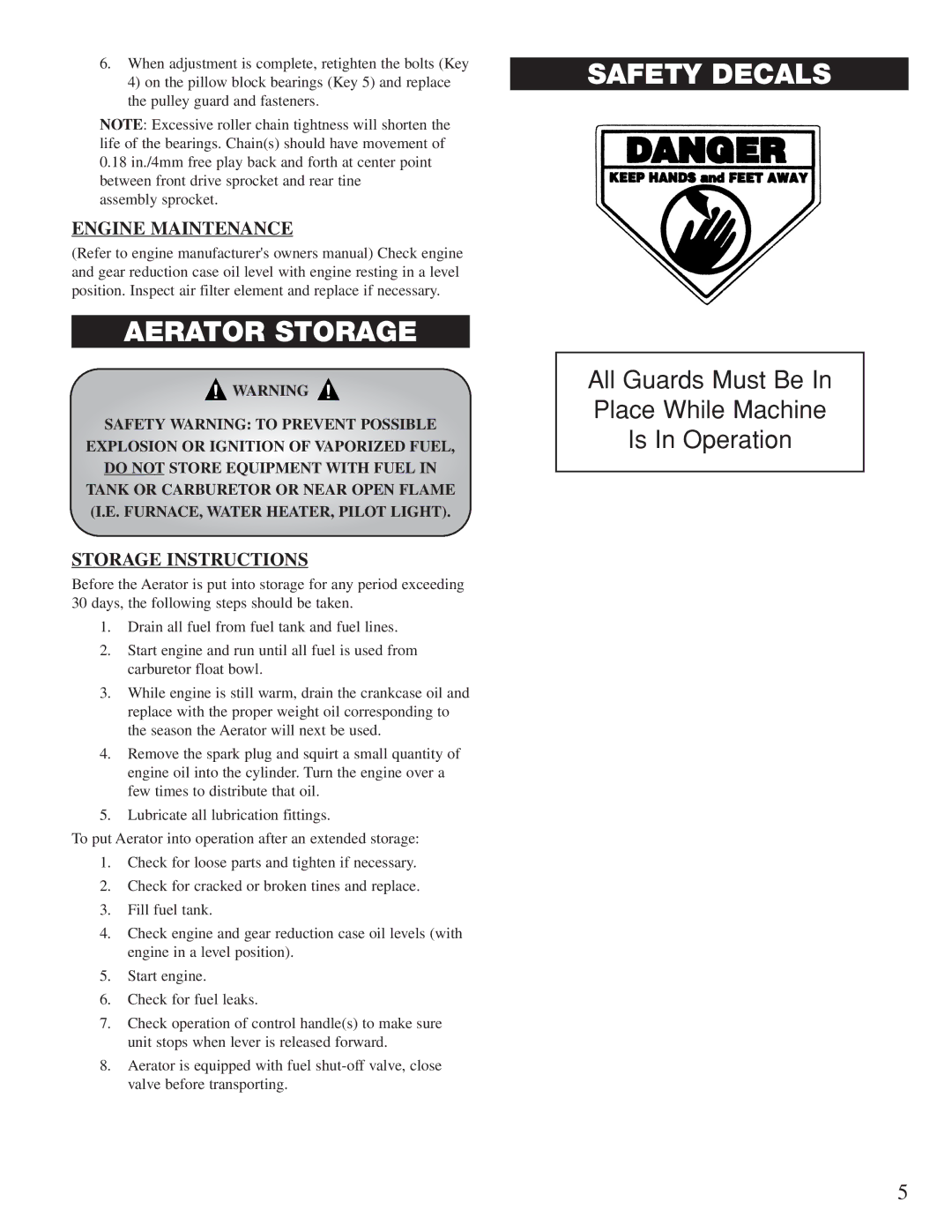 Classen 48-RT, TA-26D, TA-25D, 60-RT, TA-19D, TA-17D Aerator Storage, Safety Decals, Engine Maintenance, Storage Instructions 