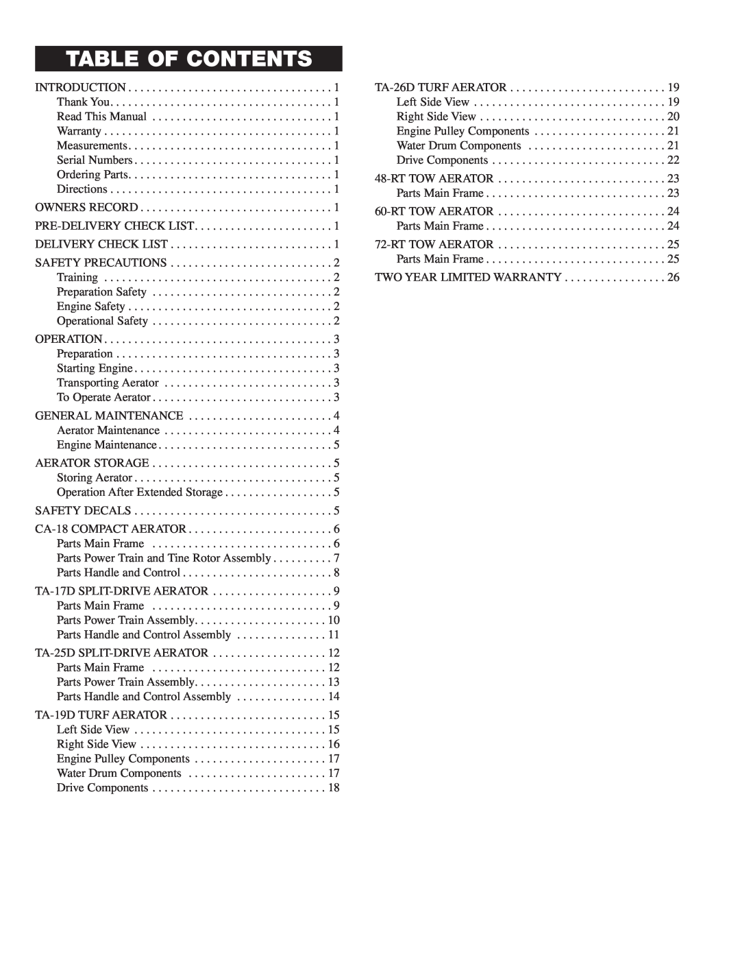 Classen 60-RT, TA-26D, TA-25D, TA-19D, TA-17D, CA-18, 72-RT, 48-RT manual Table Of Contents 