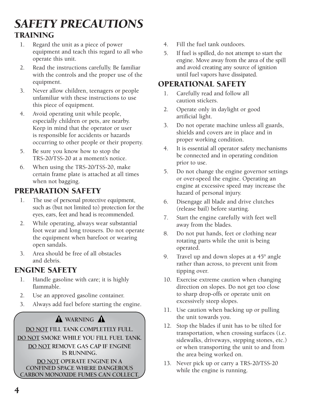 Classen TRS-20, TSS-20 manual Safety Precautions, Training, Preparation Safety, Engine Safety, Operational Safety 