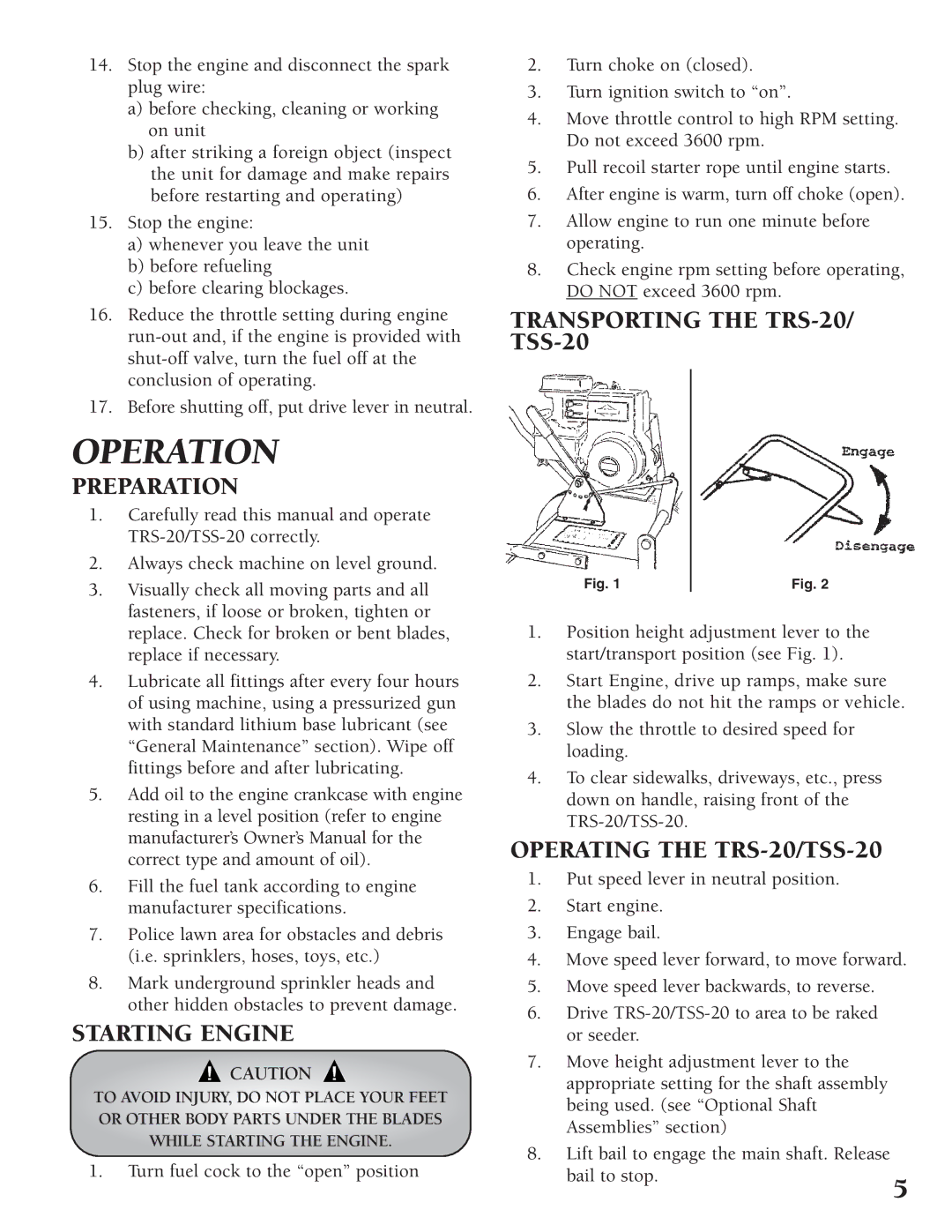 Classen manual Operation, Preparation, Starting Engine, Transporting the TRS-20/ TSS-20, Operating the TRS-20/TSS-20 