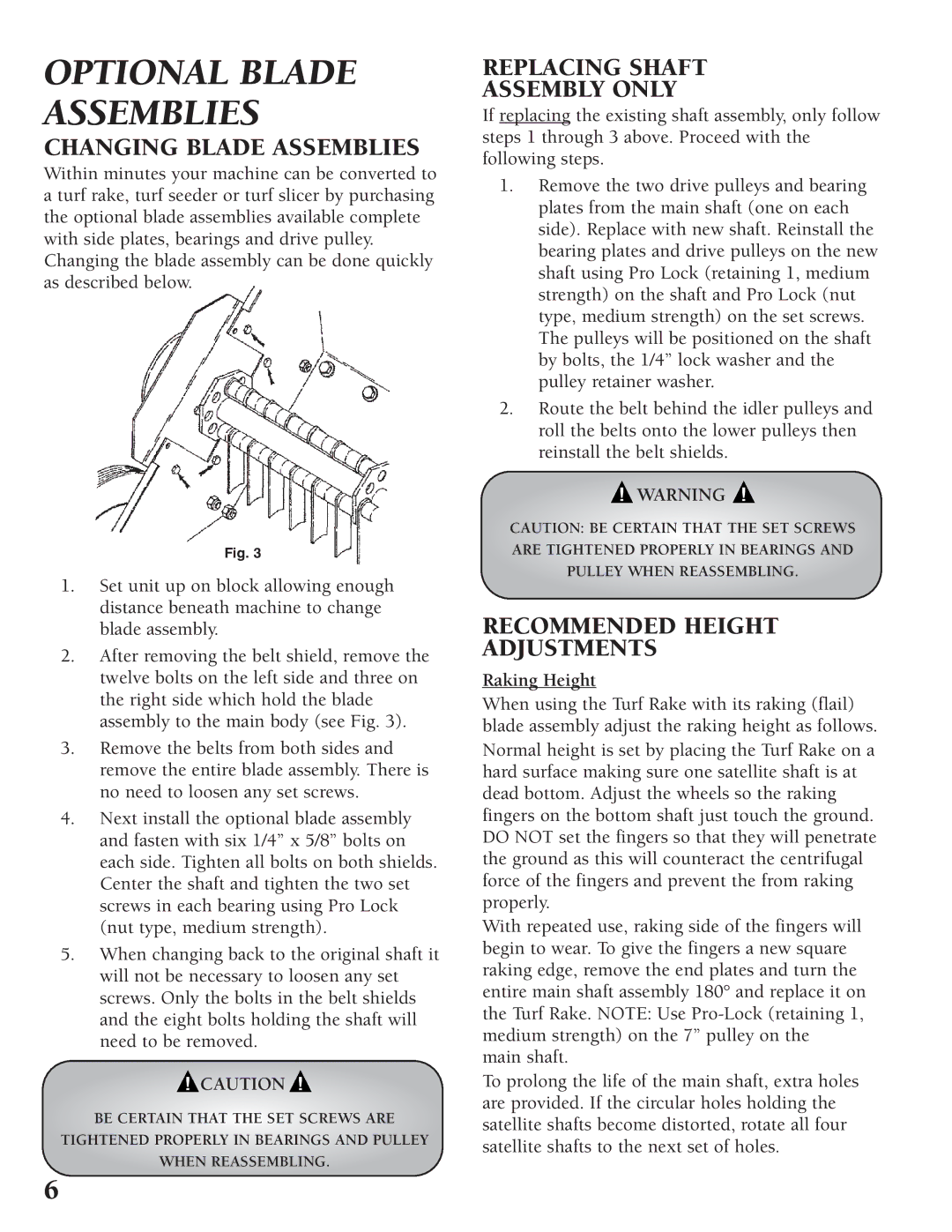 Classen TRS-20, TSS-20 manual Changing Blade Assemblies, Replacing Shaft Assembly only, Recommended Height Adjustments 