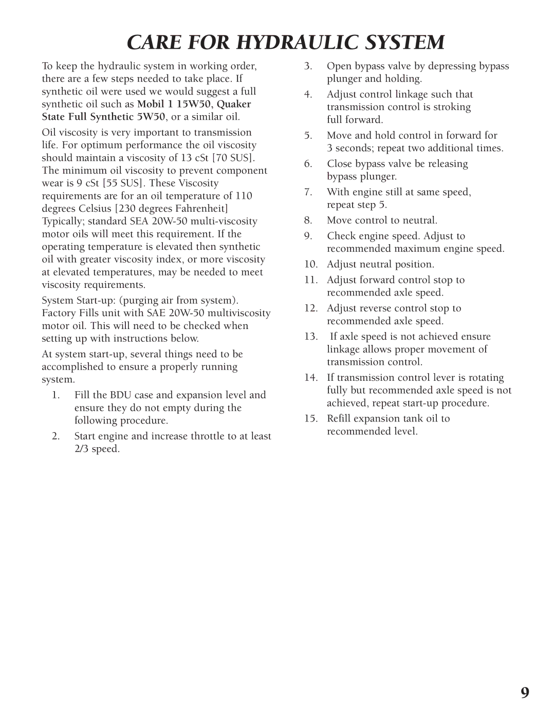 Classen TSS-20, TRS-20 manual Care for Hydraulic System 