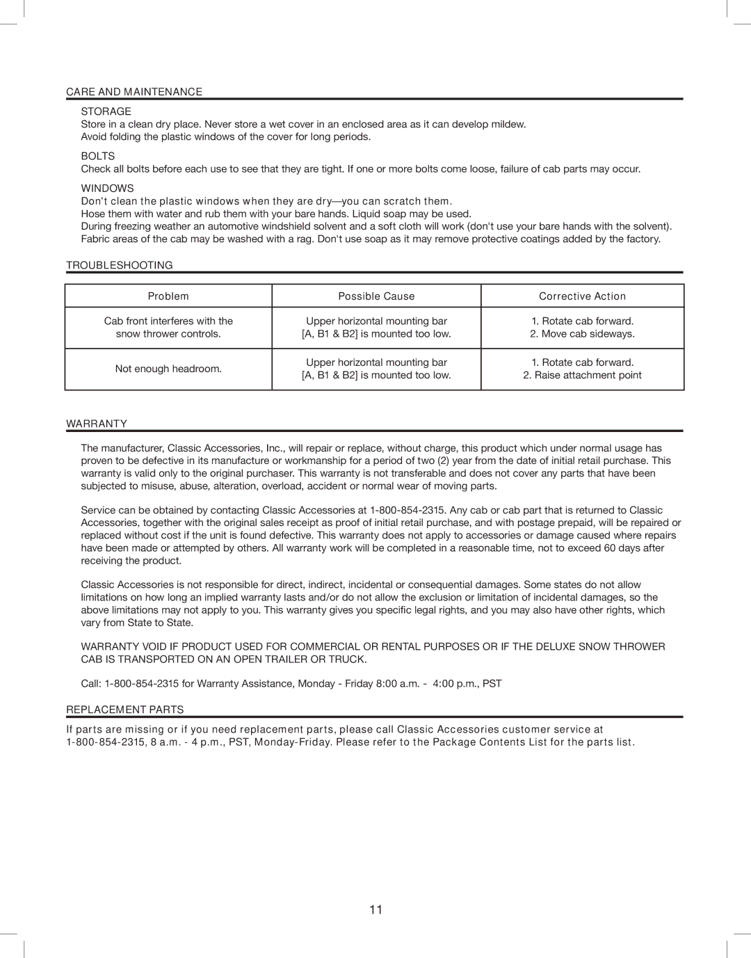 Classic Accessories 08CH56_10159 manual Care and Maintenance Storage, Bolts, Windows, Troubleshooting, Warranty 