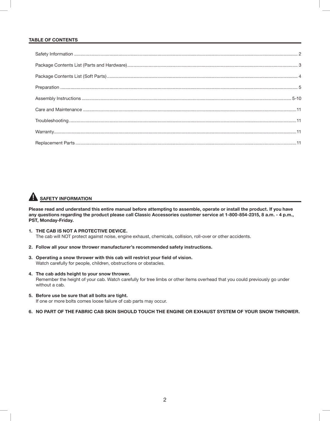 Classic Accessories 08CH56_10159 manual Table of Contents, Safety Information, CAB is not a Protective Device 