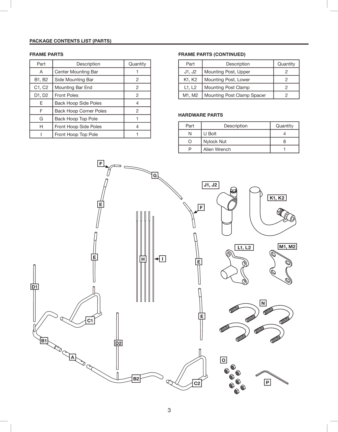 Classic Accessories 08CH56_10159 Package contents list Parts Frame Parts, Hardware Parts, J1, J2 K1, K2 M1, M2 L1, L2 