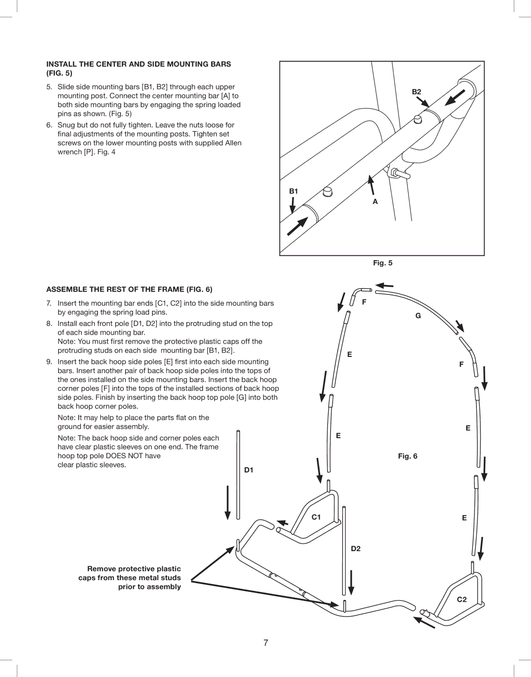 Classic Accessories 08CH56_10159 manual Install the center and side mounting bars fig, Assemble the rest of the frame fig 