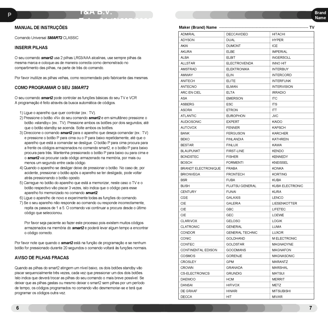 Classic Electronics LR03/AAA Manual DE INSTRU‚ÍES, Inserir Pilhas, Como Programar O SEU SMART2, Aviso DE Pilhas Fracas 