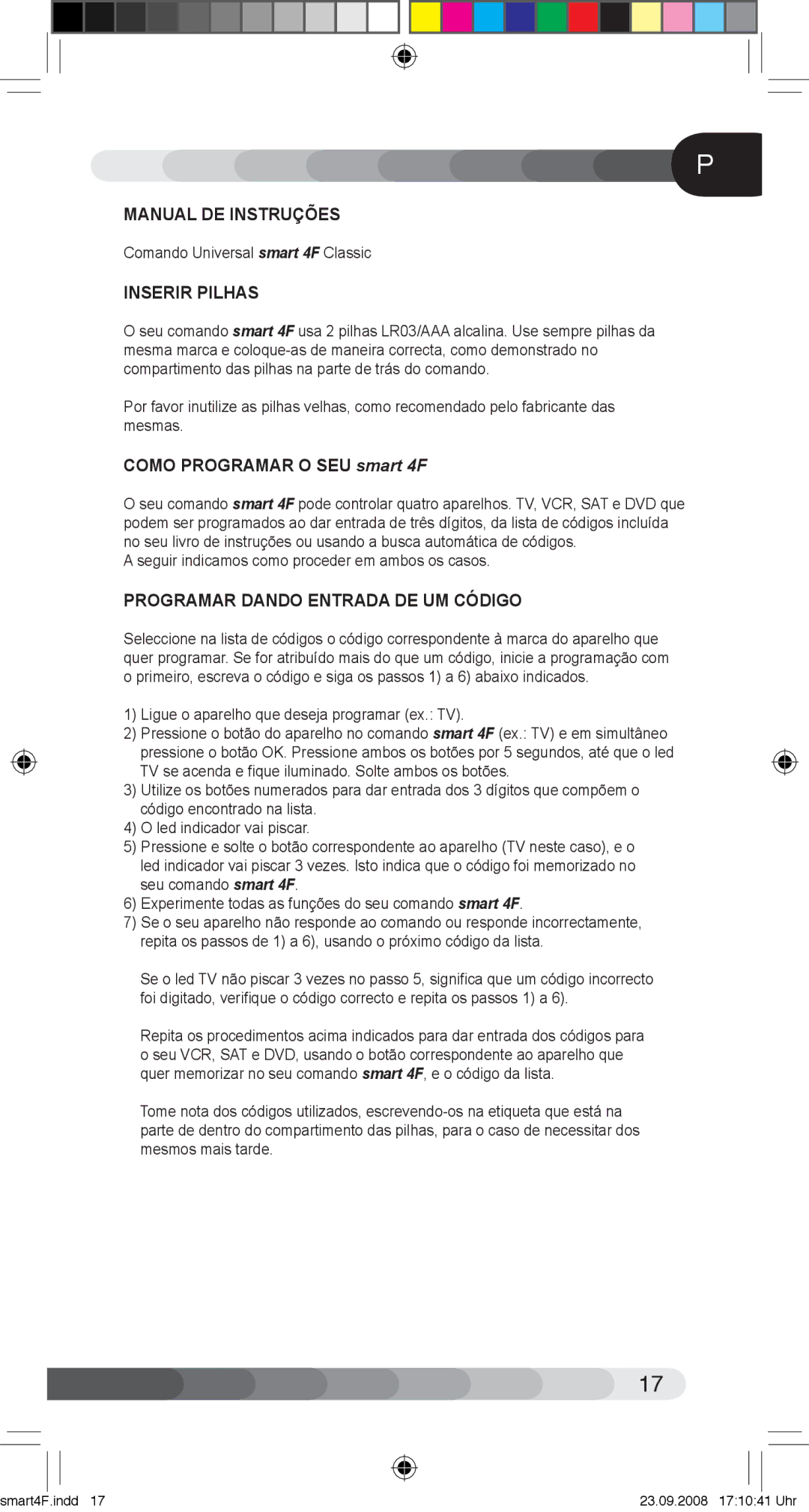 Classic Electronics Smart 4F manual Manual DE Instruções, Inserir Pilhas, Como Programar O SEU smart 4F 