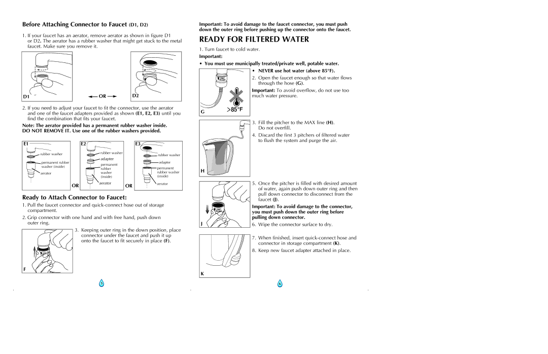 Clear2O CWS100A manual Ready for Filtered Water, Before Attaching Connector to Faucet D1, D2 