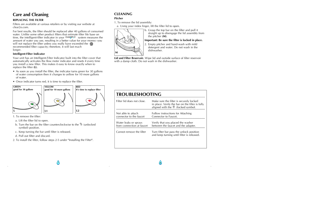 Clear2O CWS100A Troubleshooting, Pitcher, Intelligent-Filter Indicator, Important Be sure the filter is locked in place 
