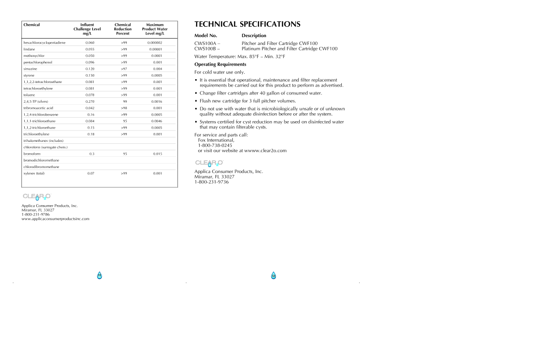 Clear2O CWS100A manual Technical Specifications, Model No Description, Operating Requirements 