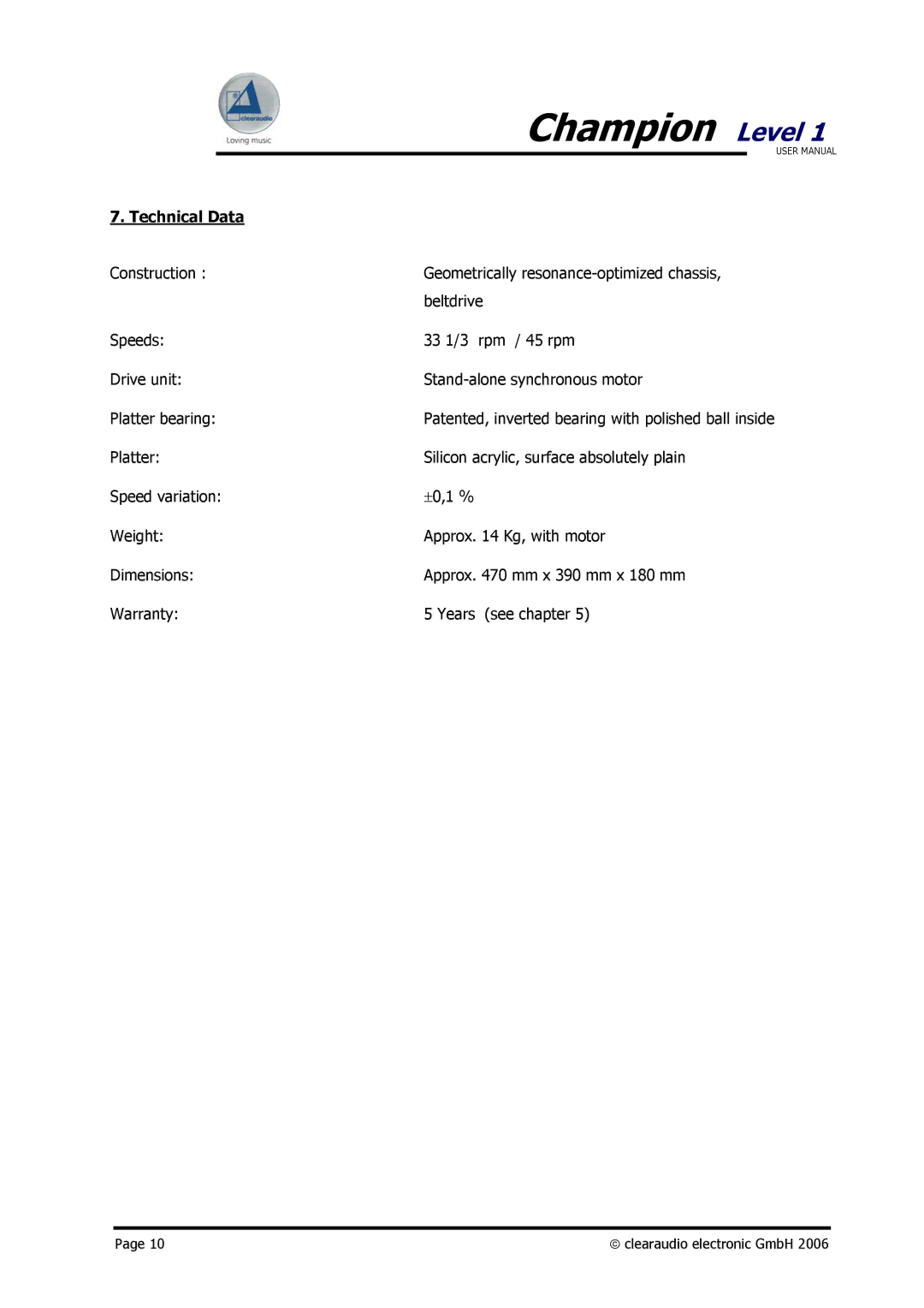 Clearaudio Champion user manual Technical Data 